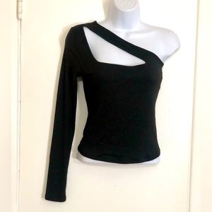 One Sleeve, Cutout Design Black Ribbed Knit Shirt. One By One, Womans Size Small